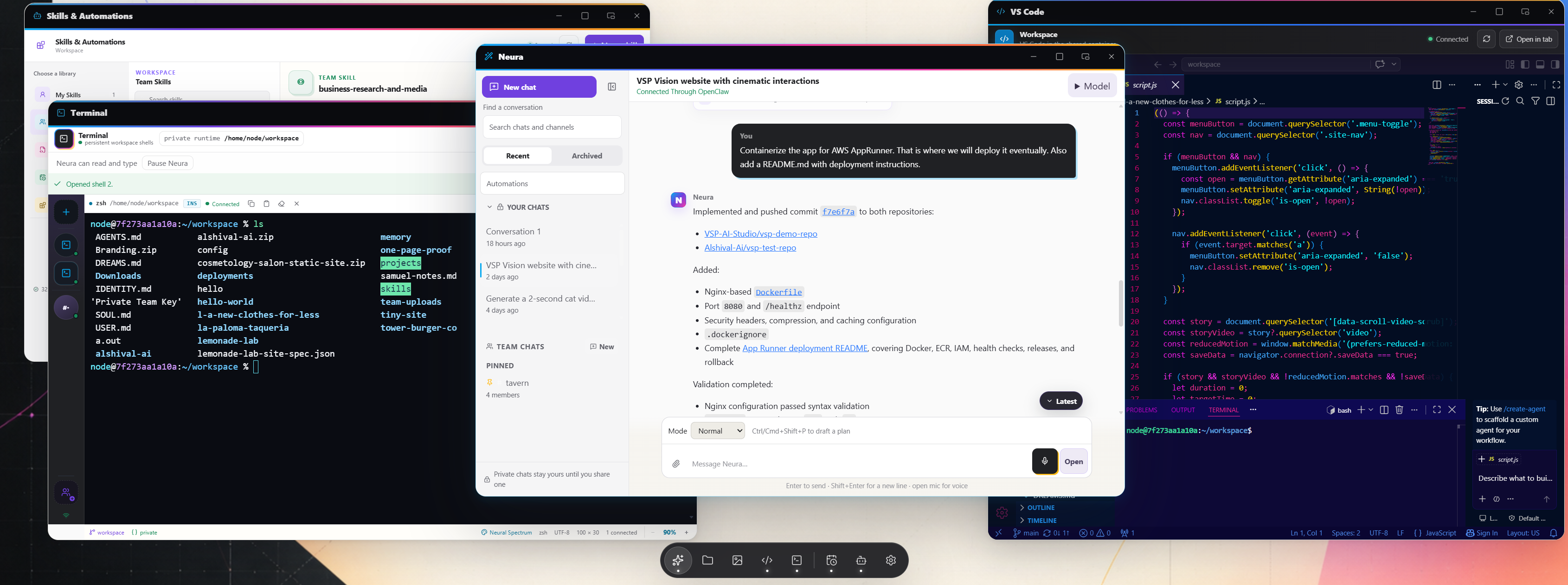 Neural Labs desktop with Neura chat, Terminal, VS Code, and Skills & Automations open together above the app dock.