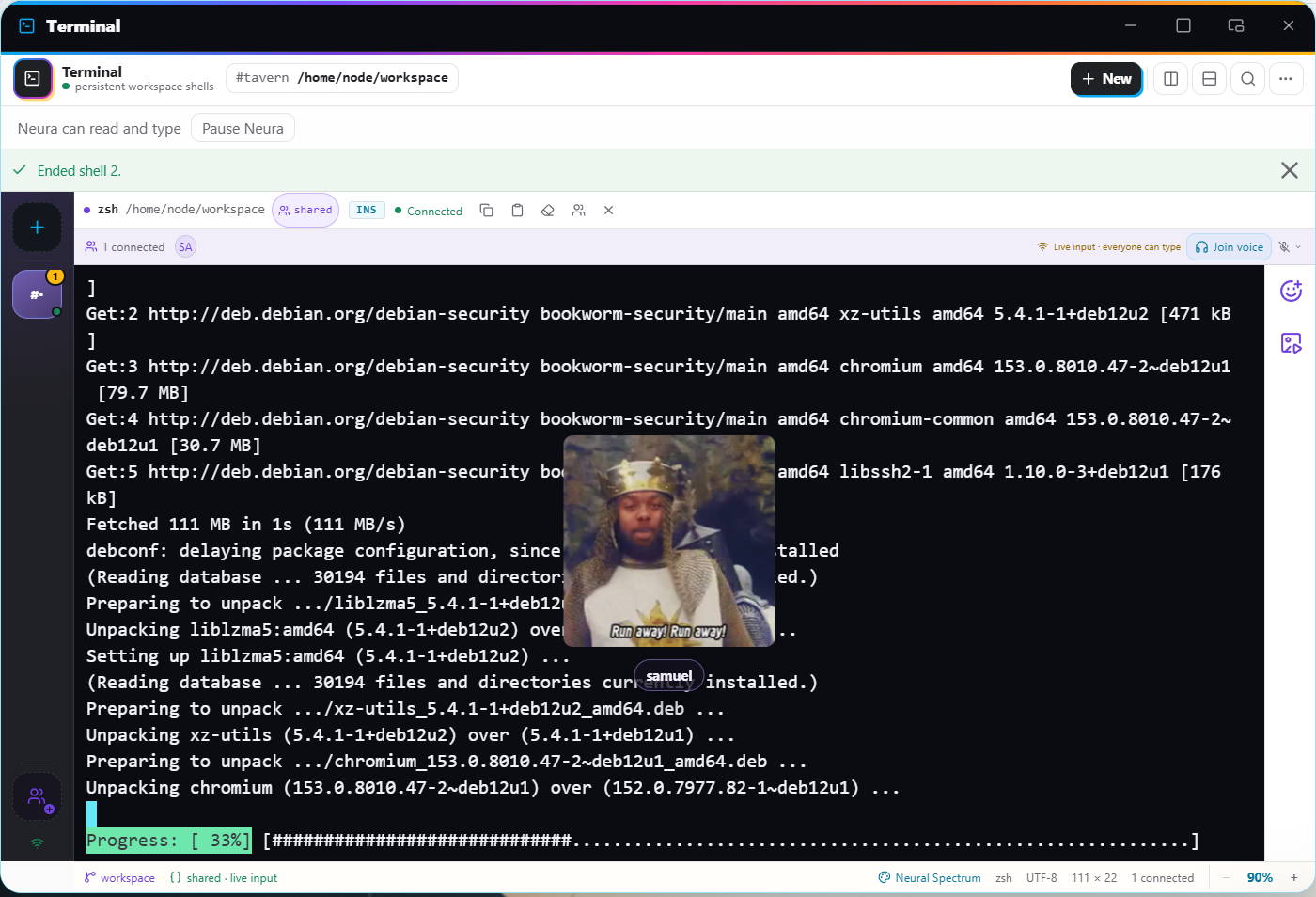 A teammate's GIF reaction appears over command output in the shared terminal.
