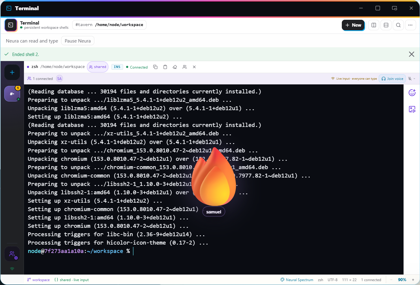 Shared team terminal with a fire sticker reaction, live input, and a Join voice control.